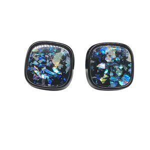 Vintage Black Confetti Lucite Earrings, Square Clip On with Abalone Flakes